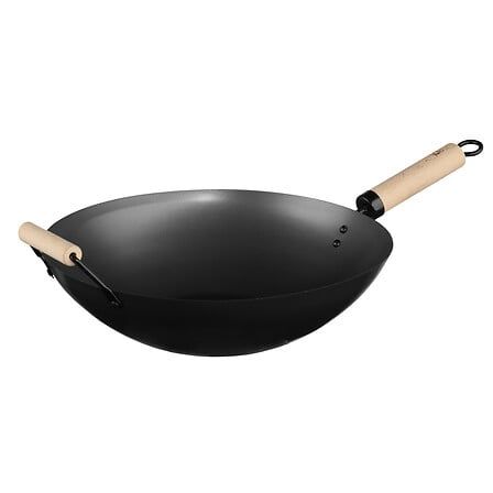 Wok de acero con mango de madera