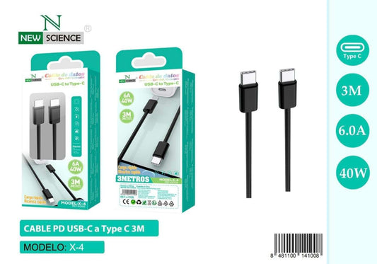CABLE PD USB-C TO TYPE C 6A/40W 3M X-4 NEGRO