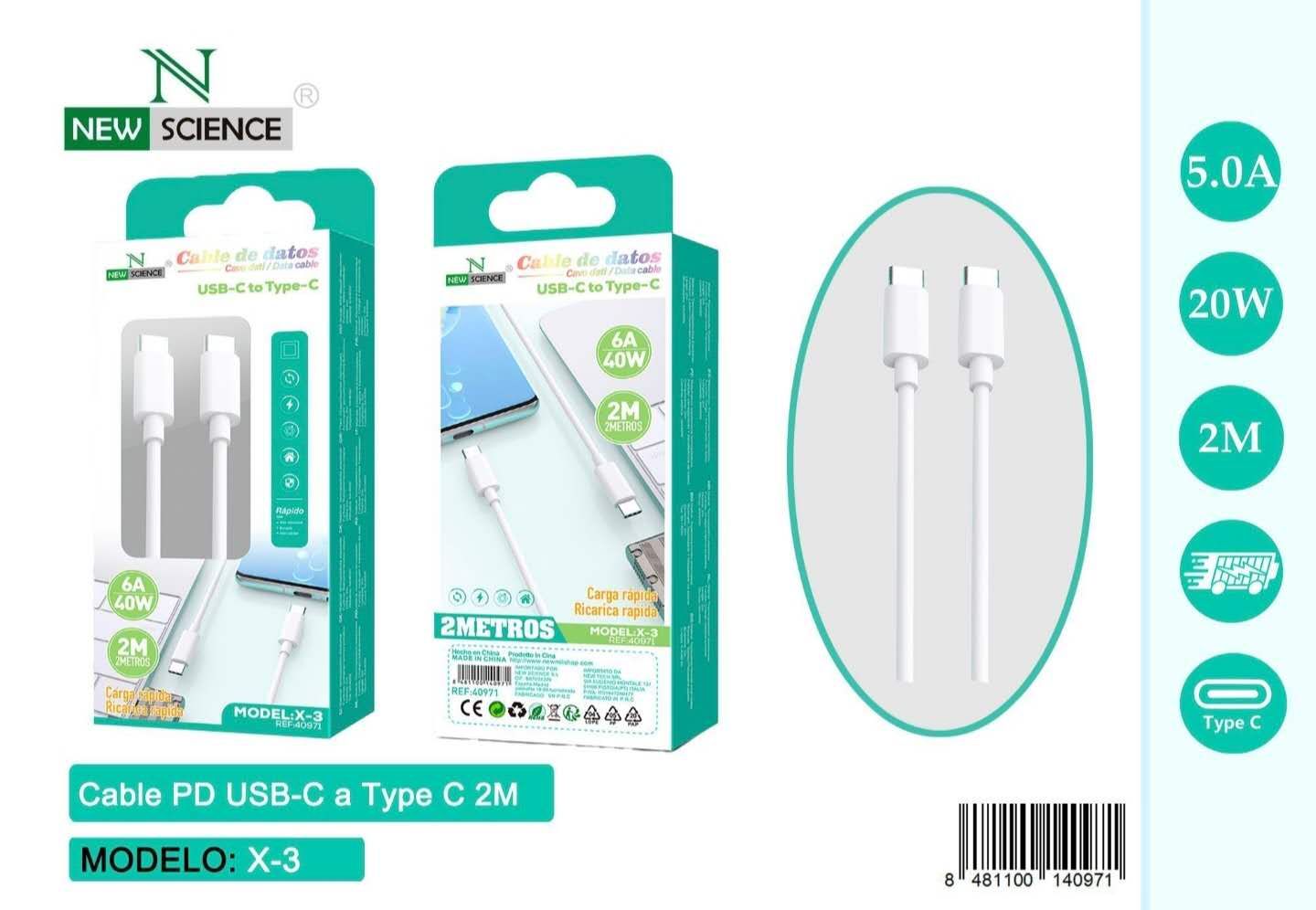 CABLE BLANCO C-C 40W 6A X-3 2M