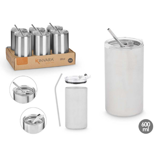 VASO PAJITA TAPA ACERO INOXIDABLE 600ML