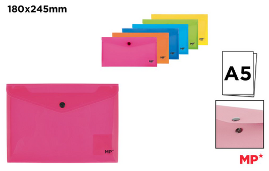 CARPETA SOBRE CIERRE BOTON A5 FLUORESCENTE **(1UD)** **(COLOR ALEATORIO)**