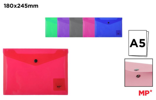 CARPETA BOTON A5 TRANSPARENTE **(1UD)** **(COLOR ALEATORIO)**